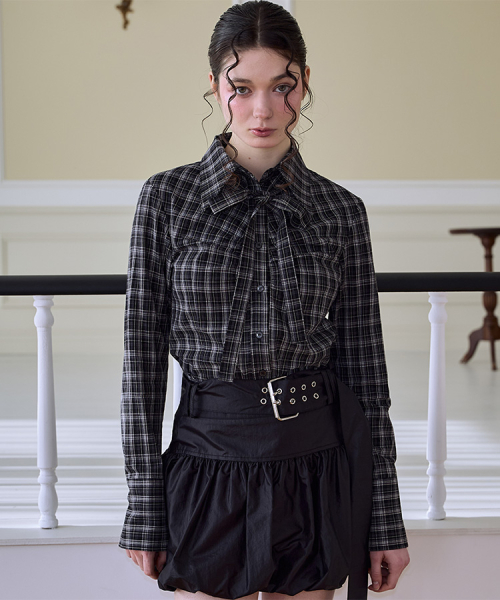 Check Shirring Tie Shirt [Black]
