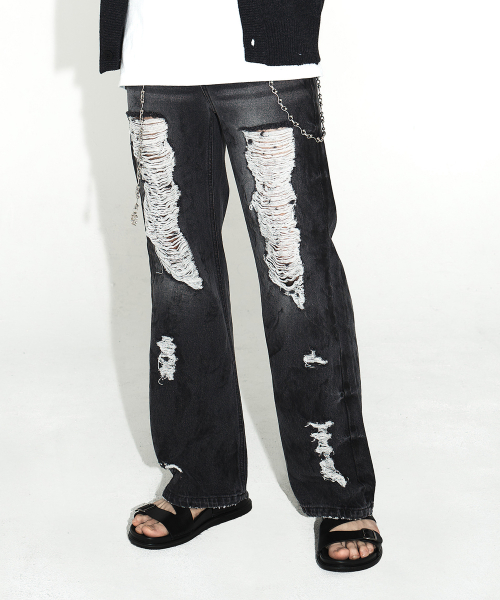 [Runway] Destroyed Dirty Washed Denim Pants_Black