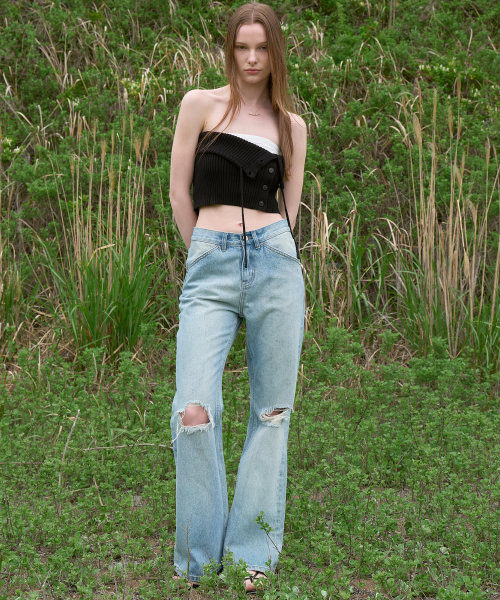Damage Flare Denim Pants (Light Blue)
