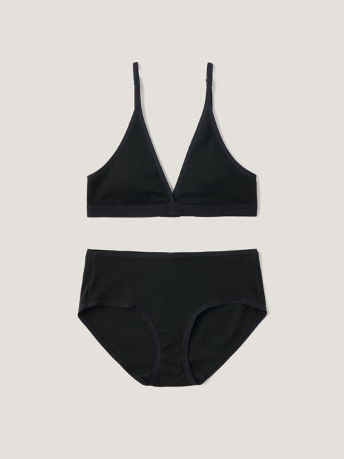 [SET] Triangle Ribbed Modal Bra & Panties - Black