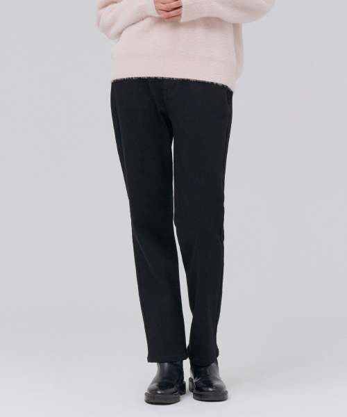 Women's Double Weave Fleece Black Slim Straight Denim Pants - Black