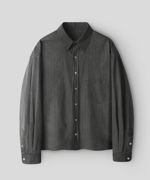 Semi-crop Pigment Washed Stripe Shirt_Moon Gray