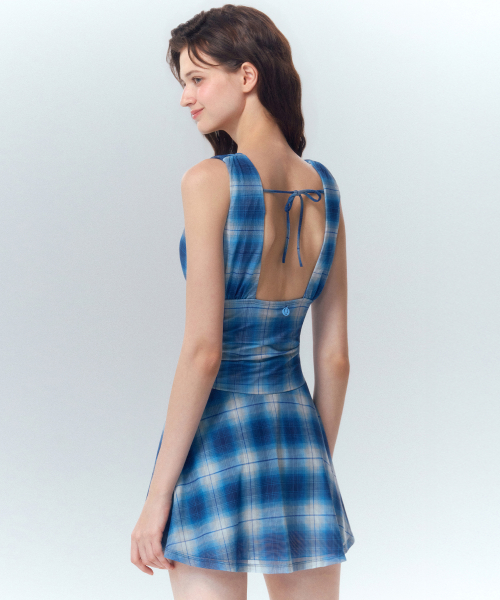 Vintage Washed Check Shirred Monokini Navy