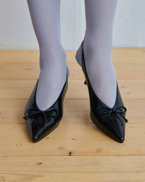 Pepper Ribbon Pointed Toe Slingback Mid Heel Pumps - Glossy Black