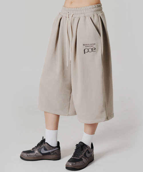 PCCI Side Two-Tuck Wide Bermuda Sweat Shorts (Beige)