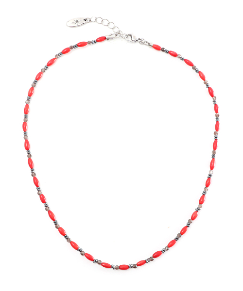 Red Coral Oval & Smoky Point Necklace (PLT-NL-082_RD)