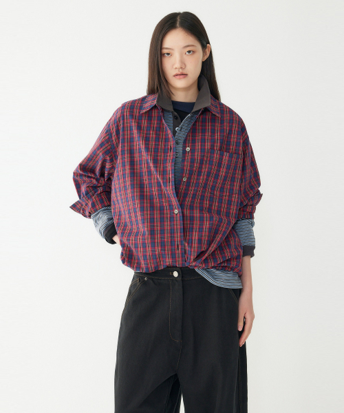 Oversized One-Pocket Multi-Check Shirts Red 9106321109