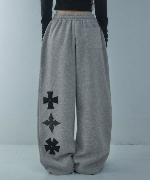 Training Wide Long Pants With Back Diagonal Rivet Detail, Gray