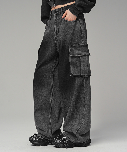 Faded Cargo Denim Pants in Black