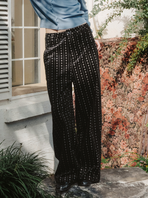 Floral Corduroy Wide Pants - Black