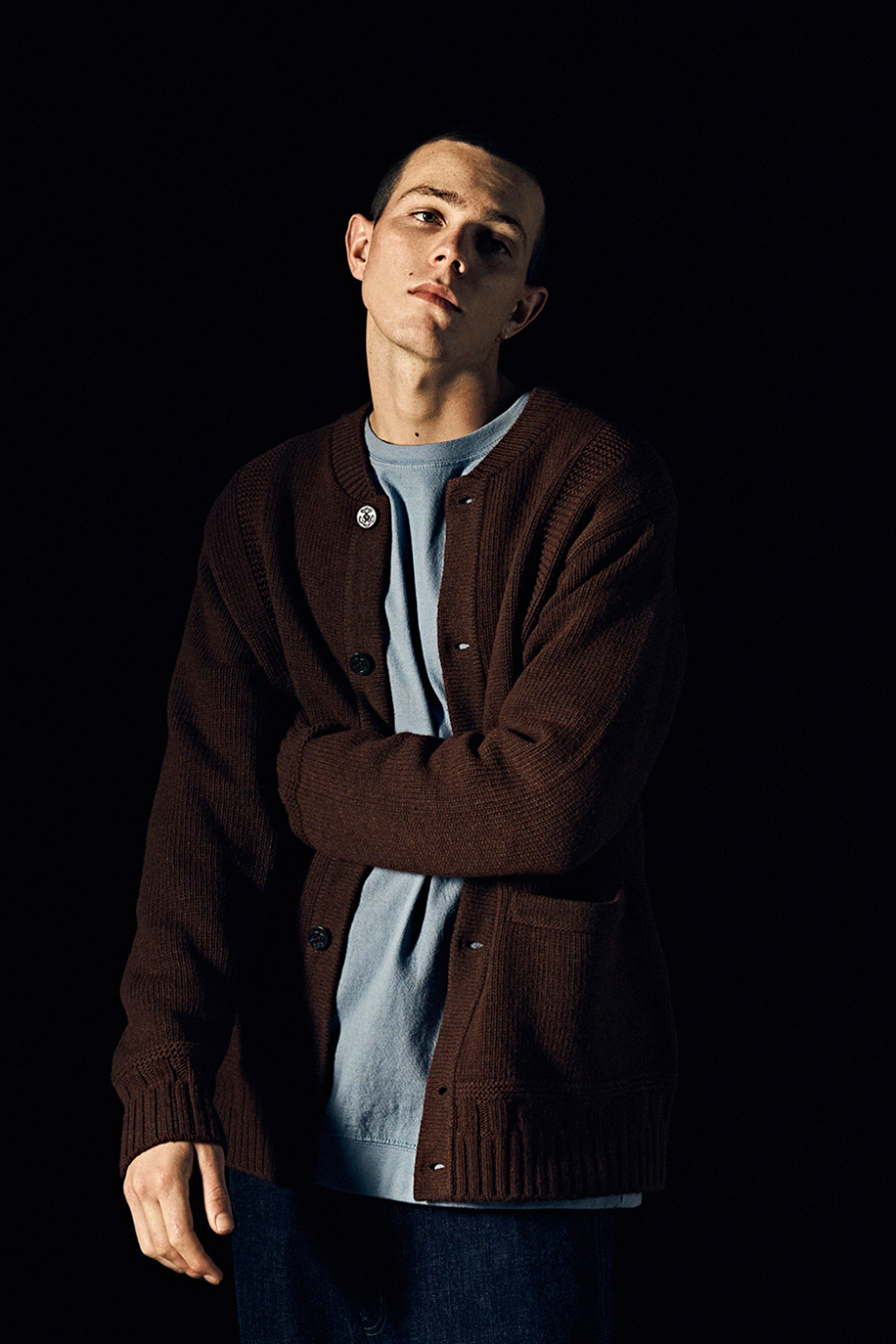 에스피오나지(ESPIONAGE) 18 Fisherman Guernsey Heavy Weight Cardigan Heather Navy