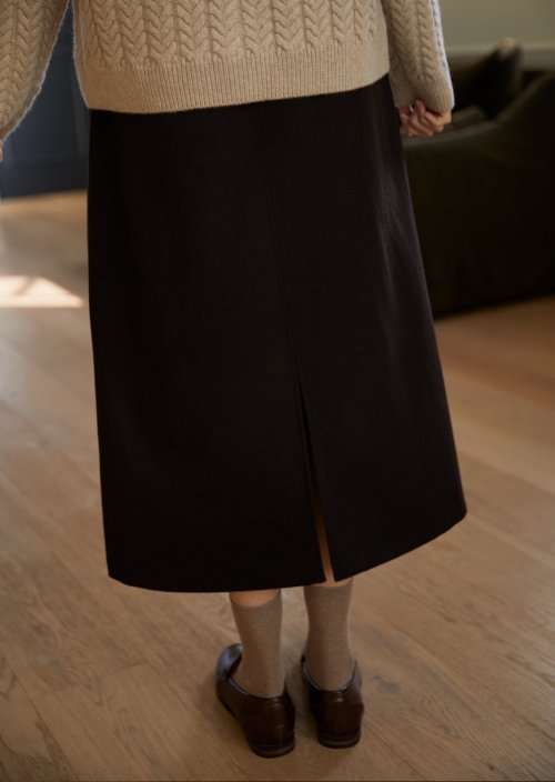 JUNECI - A-line Long Slim Wool Skirt (Dark Brown)