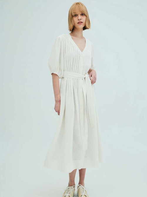 OPENING SUNSHINE - Linen Pleated Dress Ivory