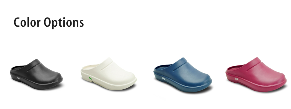 Color option을 확인하실 수 있는 사진입니다. 젠. 3 클로그는 블랙, 화이트, 네이비, 퍼플, 그린 컬러의 다섯 가지 색상을 구비하고 있습니다.