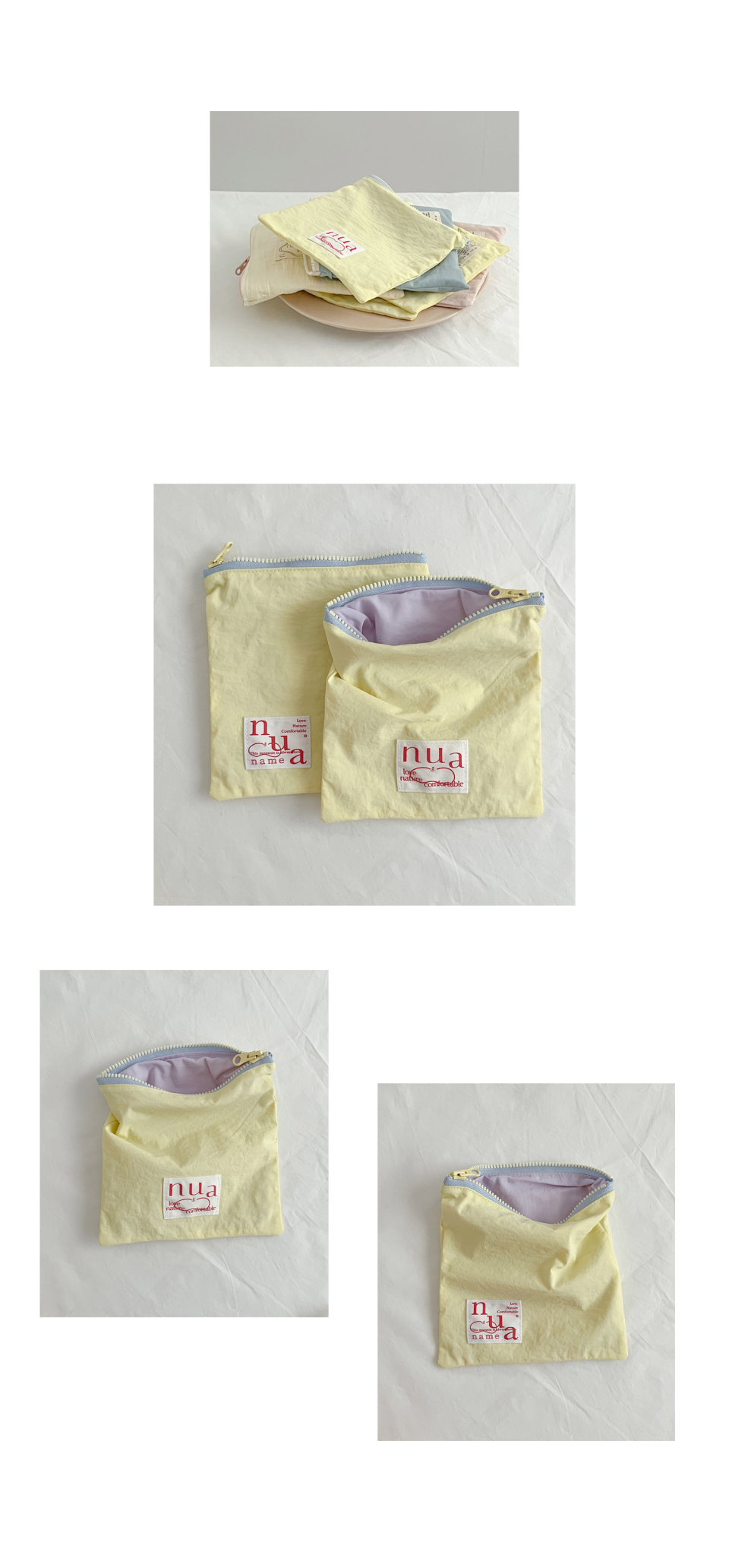 겉감 노랑색과 안감 연보라색의 조화가 귀여운 사각 파우치입니다.