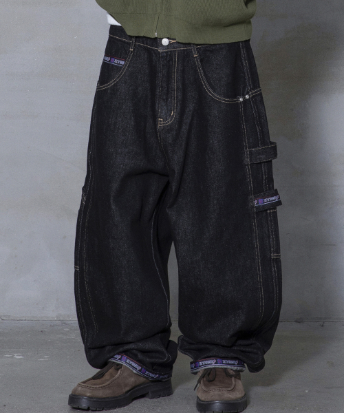 XP346 90s Roll-Up Loose Fit Carpenter Work Denim Pants (Black)