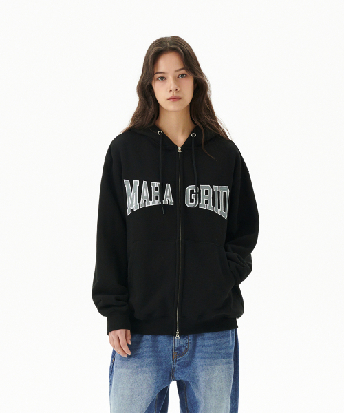 MUSINSA | MAHAGRID APPLIQUE ZIP UP HOODIE BLACK(MG2CFMM428A)