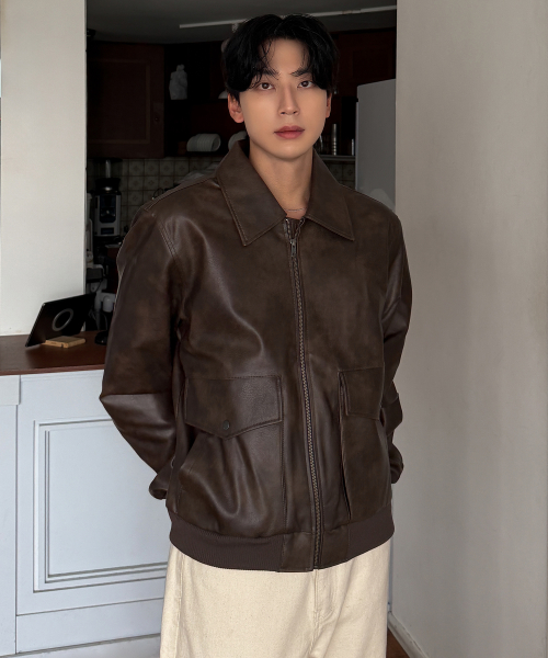 MUSINSA | LEFTSEOUL Unisex Synthetic Leather Flight Jacket [Brown]