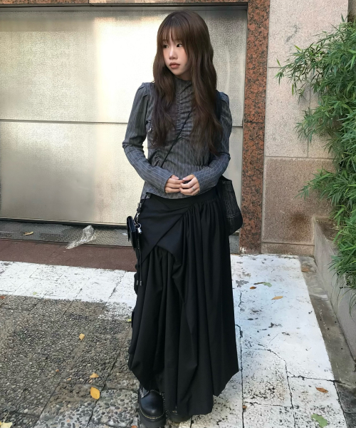 MUSINSA | FLAREUP Asymmetrical Draped Layered Long Skirt (FL