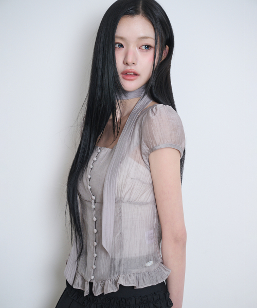 Ribbon Tie Square Neck Blouse - Gray thumbnail 3