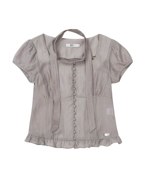 Ribbon Tie Square Neck Blouse - Gray thumbnail 4