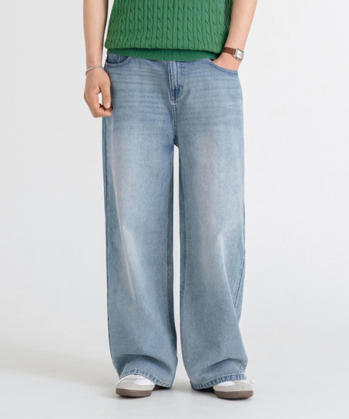 Vintage Cat Washing Wide Denim Pants [Light Blue] thumbnail 2