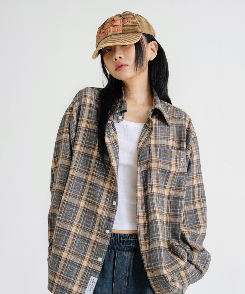 Oversized Flannel Pocket Check Shirt [Deep Blue] thumbnail 3