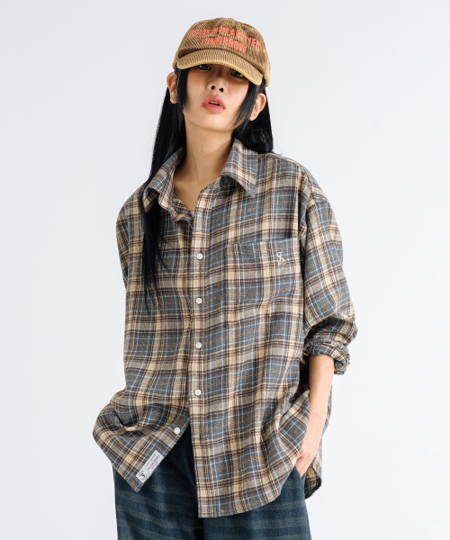 Oversized Flannel Pocket Check Shirt [Deep Blue] thumbnail 2