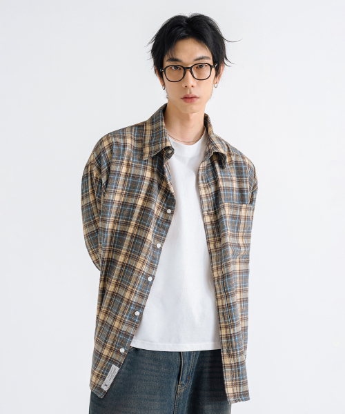 Oversized Flannel Pocket Check Shirt [Deep Blue] thumbnail 4