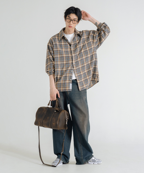 Oversized Flannel Pocket Check Shirt [Deep Blue] thumbnail 6