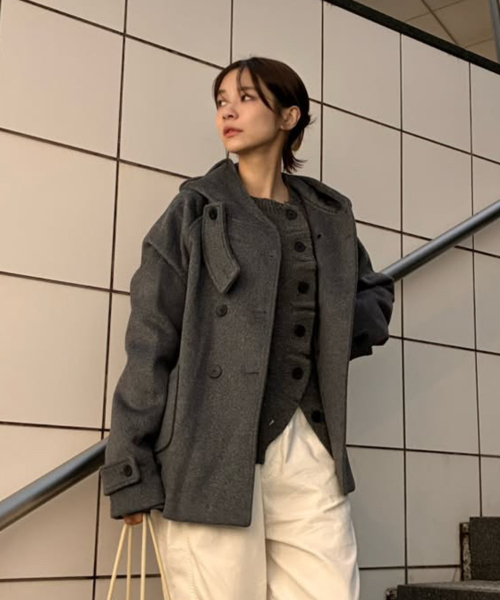 MUSINSA公式 | MISEKI SEOUL Hoodie double button coat CHARCOAL