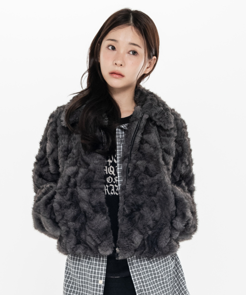 Collar Zip-Up Fur Jacket _ Charcoal thumbnail 2