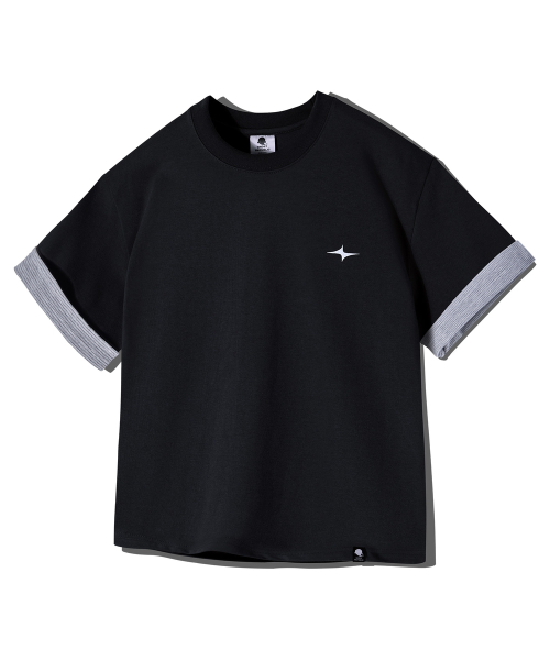 Cropped Stripe Color Block Roll-Up Short Sleeve T-Shirt GT-392_Black thumbnail 2