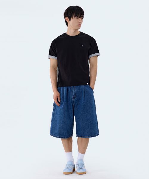 Cropped Stripe Color Block Roll-Up Short Sleeve T-Shirt GT-392_Black thumbnail 3