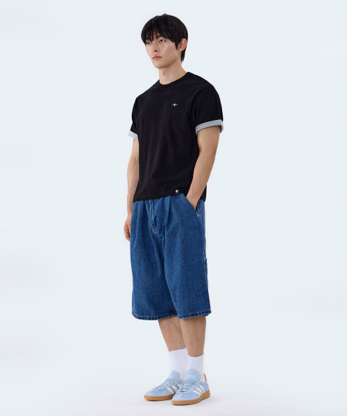 Cropped Stripe Color Block Roll-Up Short Sleeve T-Shirt GT-392_Black thumbnail 4