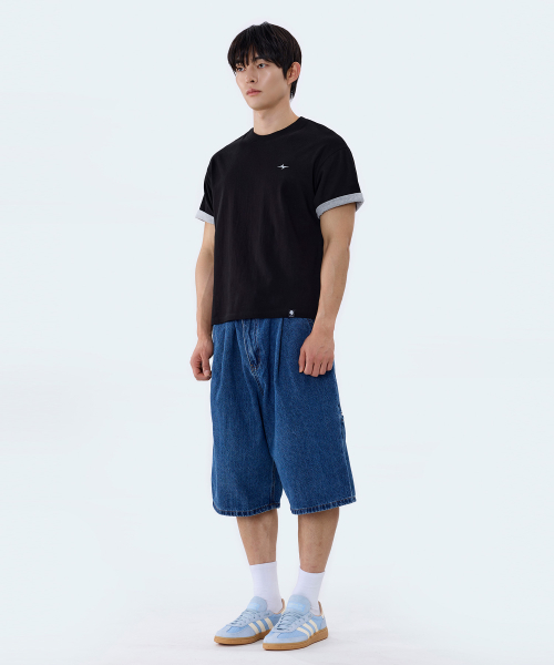Cropped Stripe Color Block Roll-Up Short Sleeve T-Shirt GT-392_Black thumbnail 6