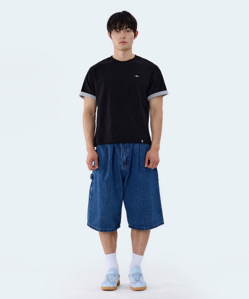 Cropped Stripe Color Block Roll-Up Short Sleeve T-Shirt GT-392_Black thumbnail 7