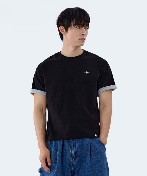 Cropped Stripe Color Block Roll-Up Short Sleeve T-Shirt GT-392_Black thumbnail 8