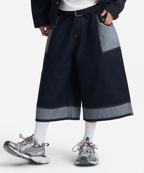 Reversed - Pocket Contrast 9 - Quarter Wide Non-Fade Long Bermuda Denim Pants (INDIGO) thumbnail 2