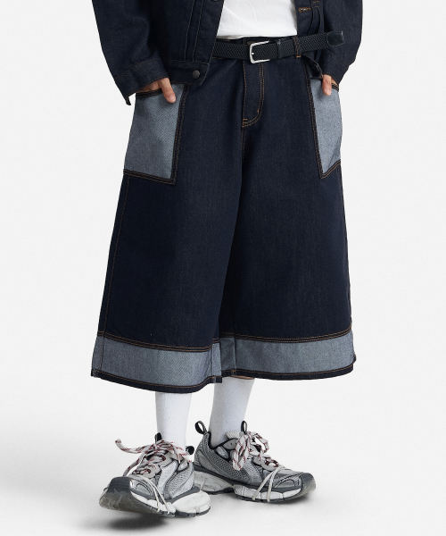 Reversed - Pocket Contrast 9 - Quarter Wide Non-Fade Long Bermuda Denim Pants (INDIGO) thumbnail 3