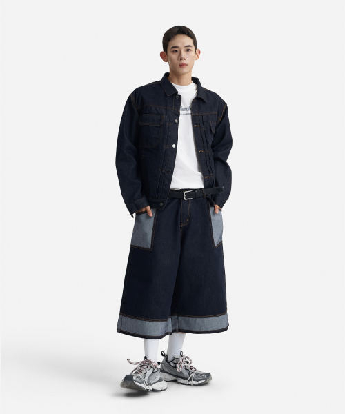 Reversed - Pocket Contrast 9 - Quarter Wide Non-Fade Long Bermuda Denim Pants (INDIGO) thumbnail 5