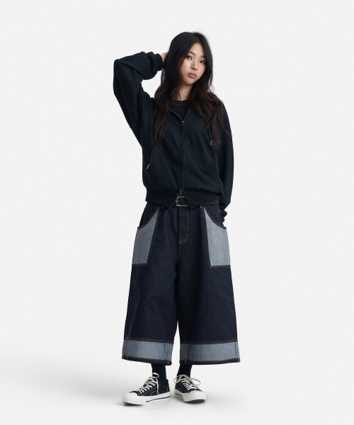 Reversed - Pocket Contrast 9 - Quarter Wide Non-Fade Long Bermuda Denim Pants (INDIGO) thumbnail 8