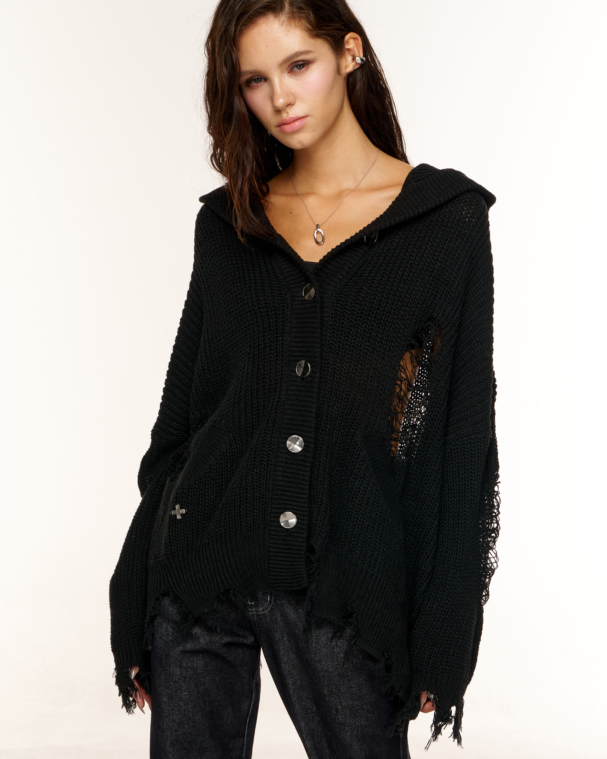 GRUNGE HOOD CARDIGAN - 3 COLORS BLACK