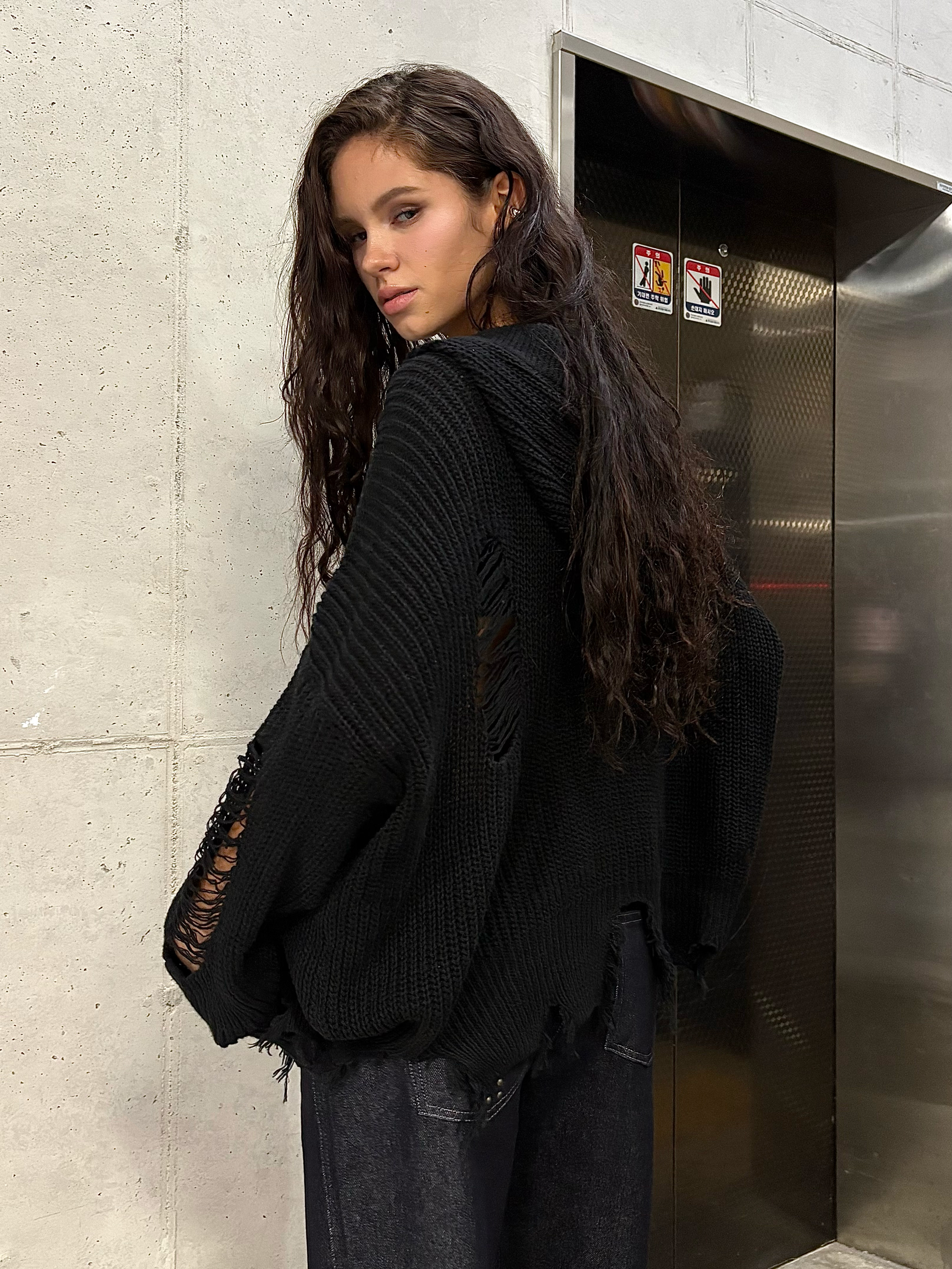GRUNGE HOOD CARDIGAN - 3 COLORS BLACK