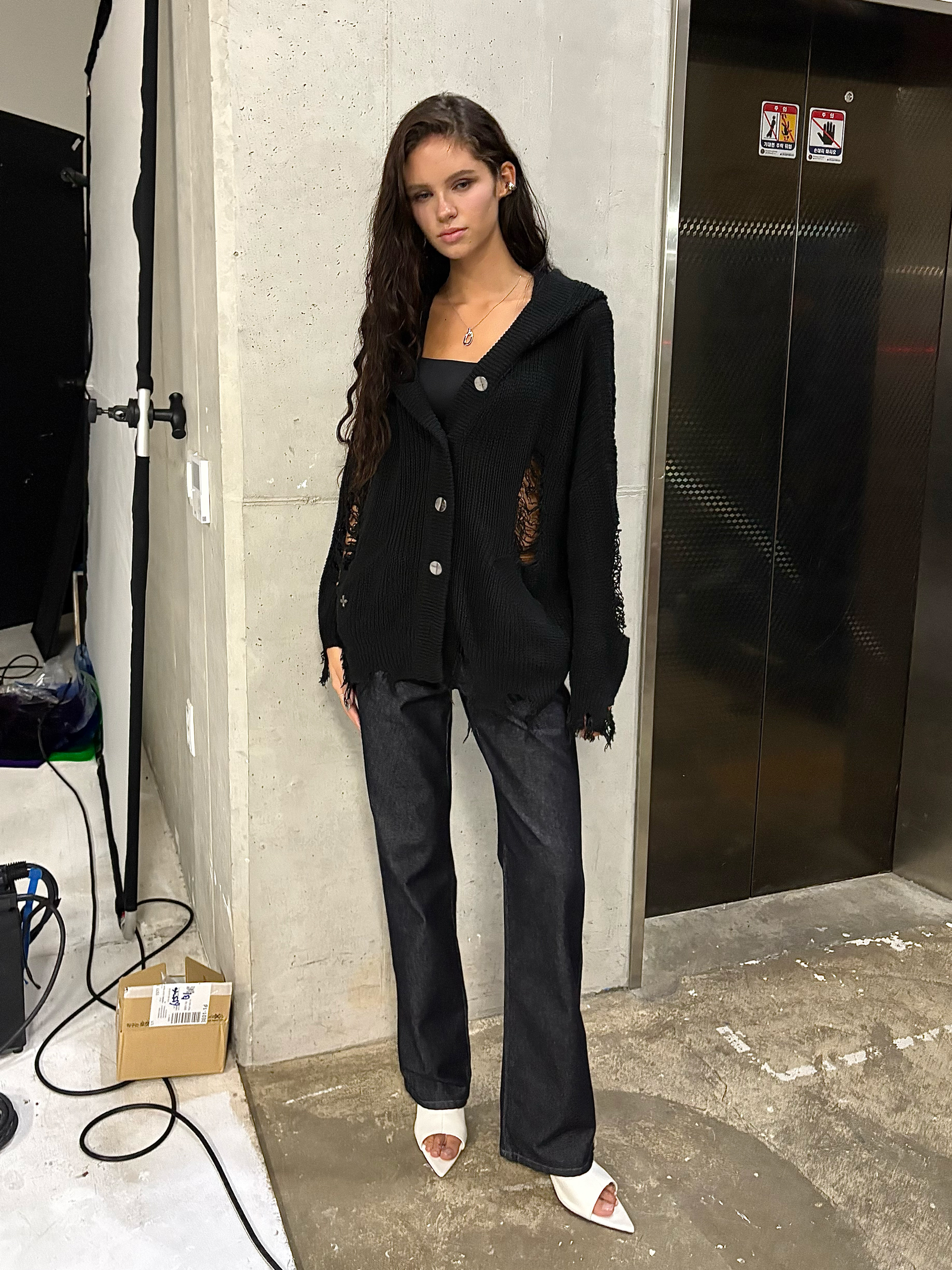 GRUNGE HOOD CARDIGAN - 3 COLORS BLACK
