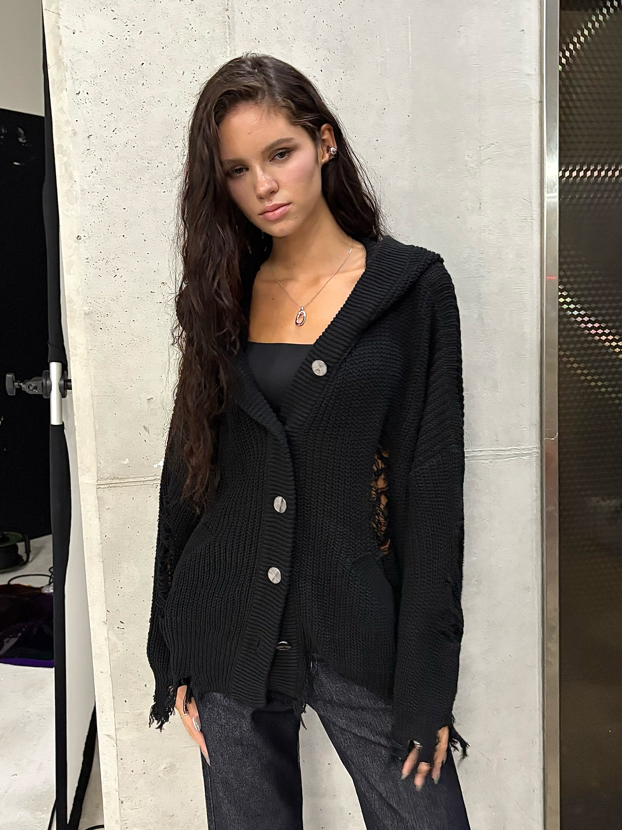 GRUNGE HOOD CARDIGAN - 3 COLORS BLACK
