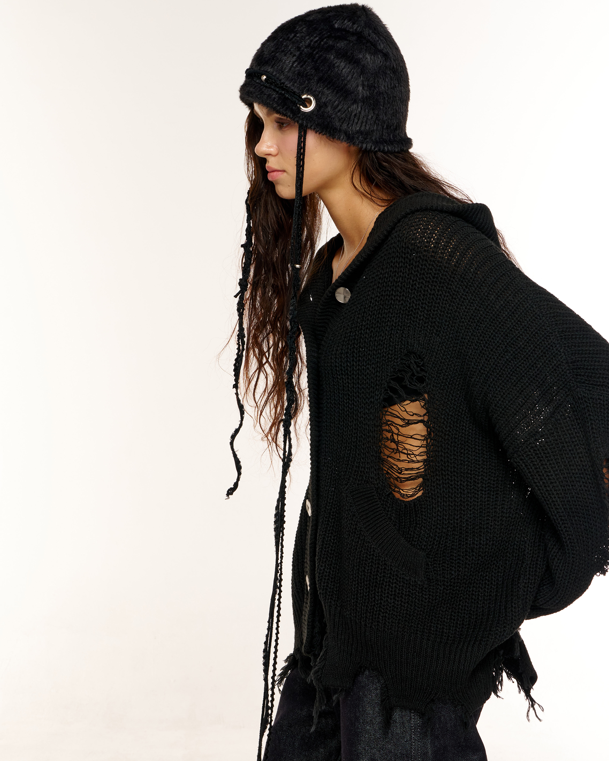 GRUNGE HOOD CARDIGAN - 3 COLORS BLACK