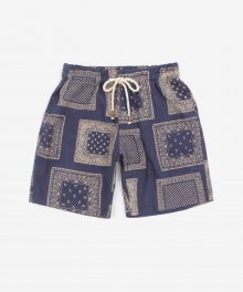 Short Paisley Linen Pants Navy