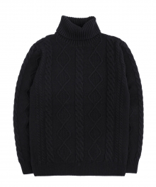 Lambswool Turtleneck Fisherman Knit [Black]