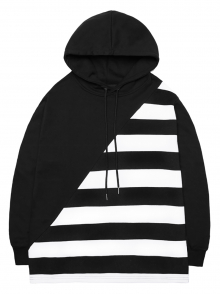 Diagonal Cut Striped Hooded T-Shirt - Black